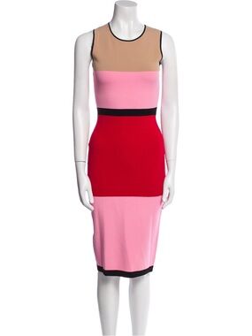 Diane Von Furstenberg Colorblock Midi Dress in Tan, Pink, Red with Black Trim